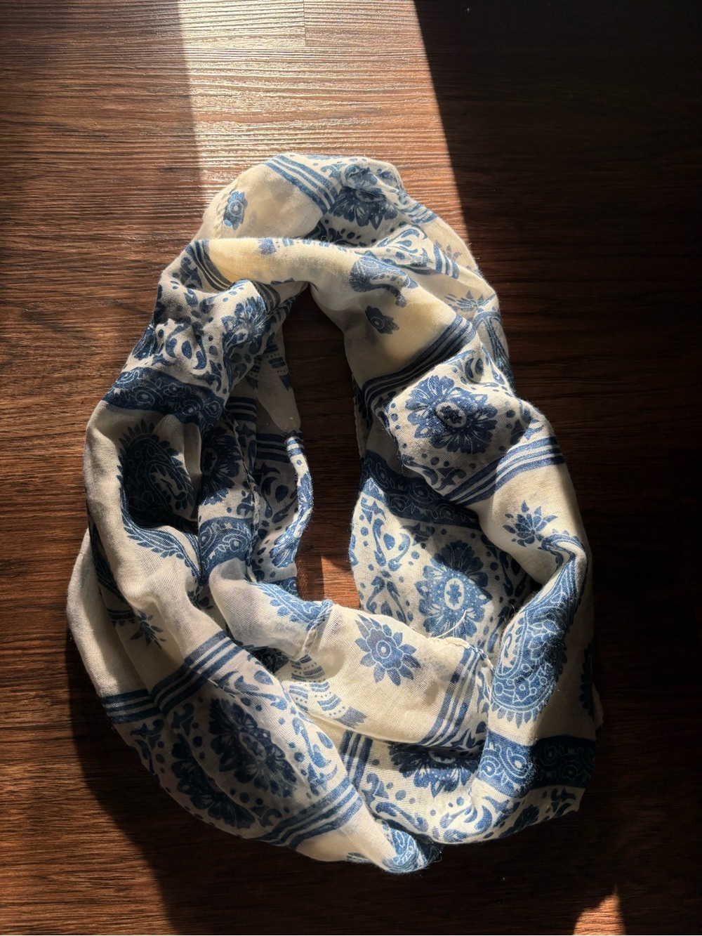 Blue and Cream Floral Infinity Scarf - Lightweight Women’s Accessory